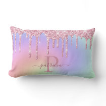 Glam Pink Glitter Drips Elegant Monogram  Lumbar P Lumbar Pillow