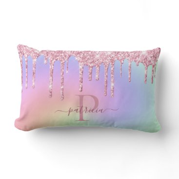 Glam Pink Glitter Drips Elegant Monogram  Lumbar P Lumbar Pillow