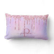 Glam Pink Glitter Drips Elegant Monogram  Lumbar Pillow