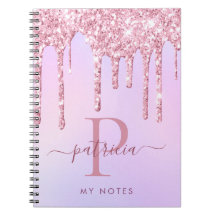 Glam Pink Glitter Drips Elegant Monogram Notebook