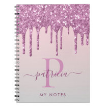 Glam Pink Glitter Drips Elegant Monogram Notebook