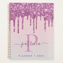 Glam Pink Glitter Drips Elegant Monogram  Planner