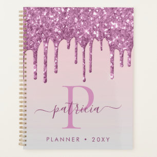 Glam Pink Glitter Drips Elegant Monogram Planner