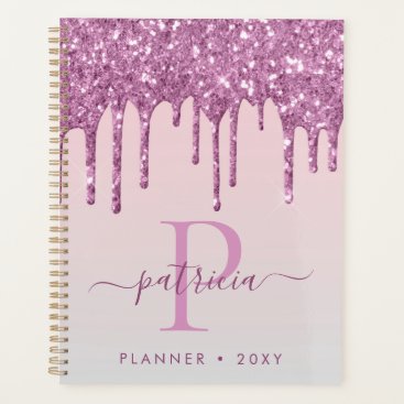 Glam Pink Glitter Drips Elegant Monogram  Planner