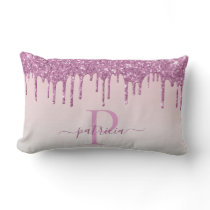 Glam Pink Glitter Drips Elegant Monogram  Throw Pi Lumbar Pillow