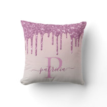 Glam Pink Glitter Drips Elegant Monogram  Throw Pillow