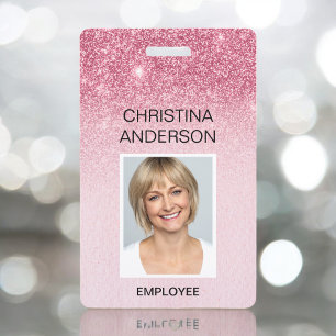 Glam Pink Glitter Employee - Name Photo Corporate Badge