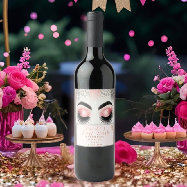 Glam Pink Glitter Eyelashes Bachelorette Wine Label ( Glam up your bachelorette party with this customizable wine label! Perfect for a bride’s last bash.)