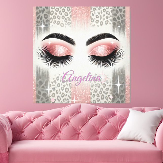 Glam Pink Glitter Eyelashes  Canvas Print (Add glam sparkle to your space with this chic pink leopard lashes canvas — perfect for girly walls.)