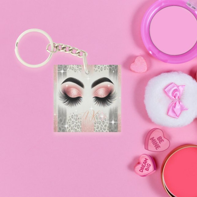 Glam Pink Glitter Eyelashes Monogram  Keychain ( Dreamy glam for your keys — personalized just for you!)
