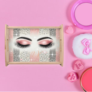 Glam Pink Glitter Eyelashes Monogram Serving Tray