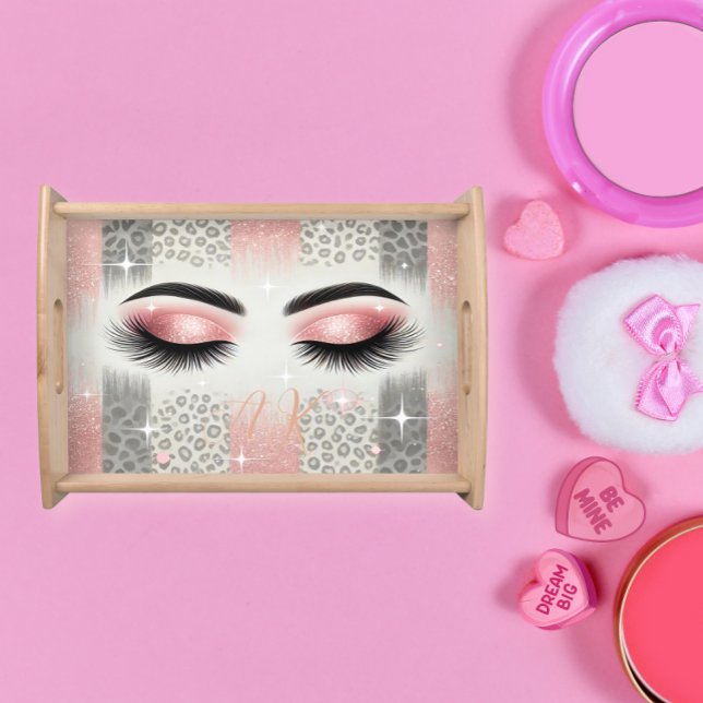 Glam Pink Glitter Eyelashes Monogram  Serving Tray (Dreamy glam trays for bachelorette parties & beauty gifts!)