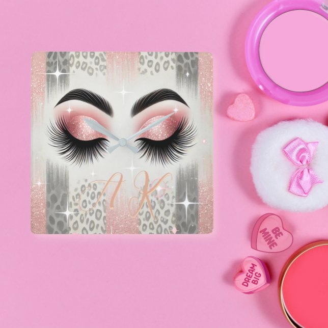 Glam Pink Glitter Eyelashes Monogram Square Wall Clock (Glam pink glitter lashes monogram wall clock — perfect gift for bride, MOH, or beauty lover

)