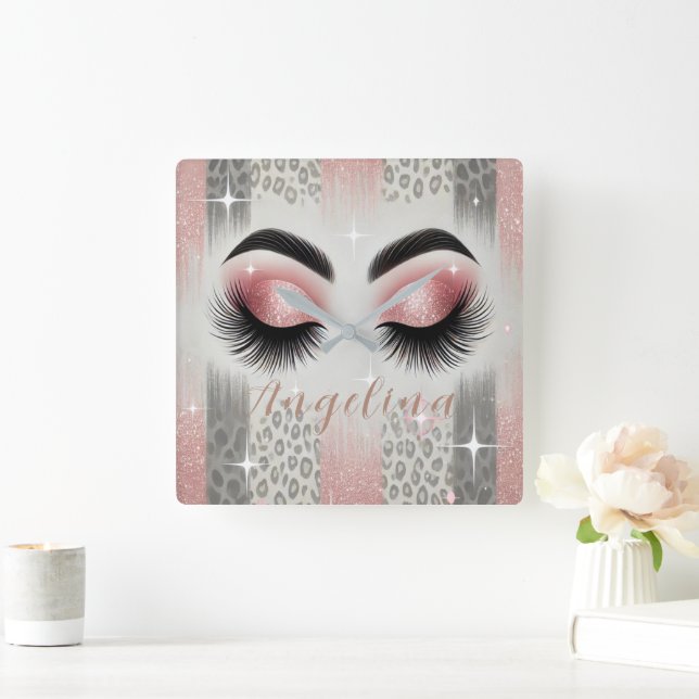 Glam Pink Glitter Eyelashes  Square Wall Clock (Home)