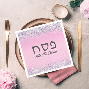 Glam Pink Glitter Jewish Holiday Hebrew Passover  Napkins