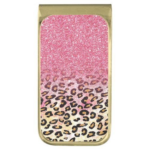 Glam Pink Glitter Leopard Pattern Gold Finish Money Clip