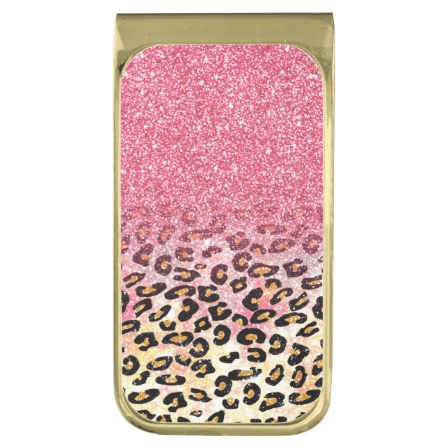 Glam Pink Glitter Leopard Pattern Gold Finish Money Clip (Front Vertical)