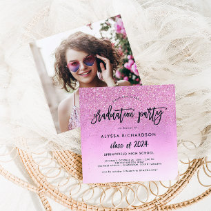 Glam Pink Glitter Look 2024 Grad Party   Photo Invitation