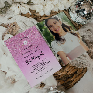 Glam Pink Glitter Look Bat Mitzvah   Photo Back Invitation