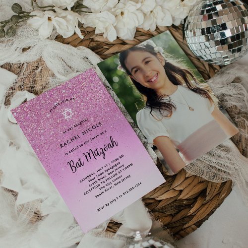 Glam Pink Glitter Look Bat Mitzvah  Photo Back Invitation