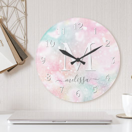 Glam Pink Glitter Pastel Girly Pattern Round Clock