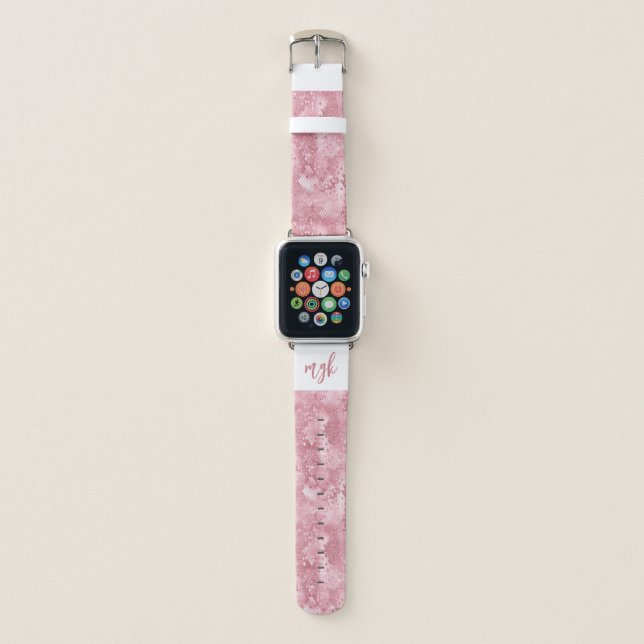 Glam Pink Glitter Snakeskin Monogram Apple Watch Band (Front)