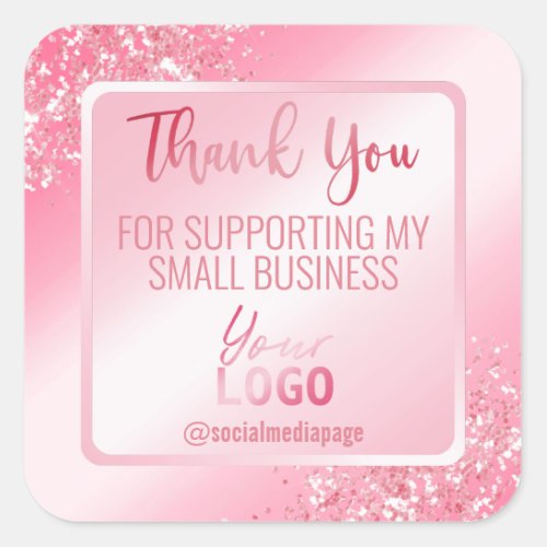 Glam Pink Glitter Thank You Business Logo Square Sticker