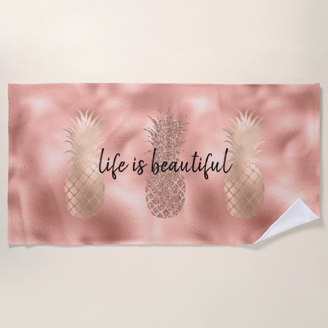 Glam Pink Glitz Gold Pineapples Beach Towel (Front)