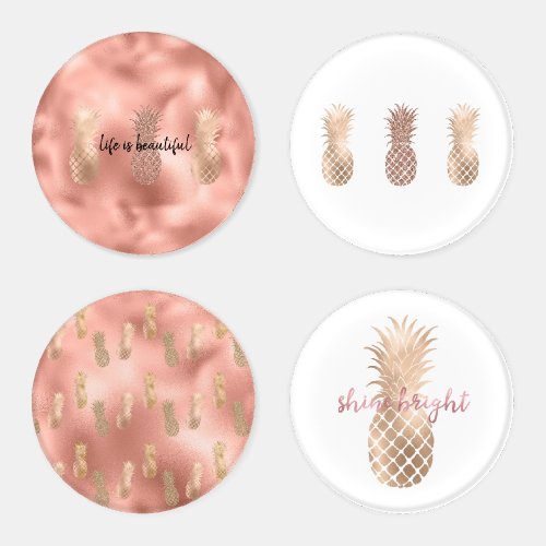 Glam Pink Glitz Gold Pineapples tropical Coaster Set