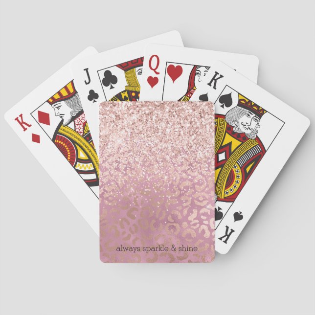 Glam Pink Glitzy Glitter Leopard Print Poker Cards (Back)