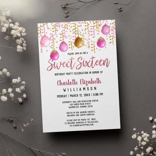 Glam pink gold balloon confetti glitter Sweet 16  Invitation