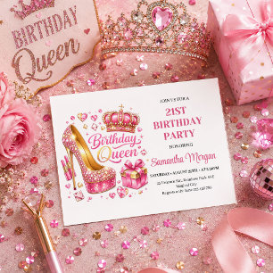 Glam Pink Gold Confetti Birthday Queen Party Invit Invitation