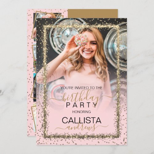 Glam Pink Gold Confetti Border Photo Birthday Invitation