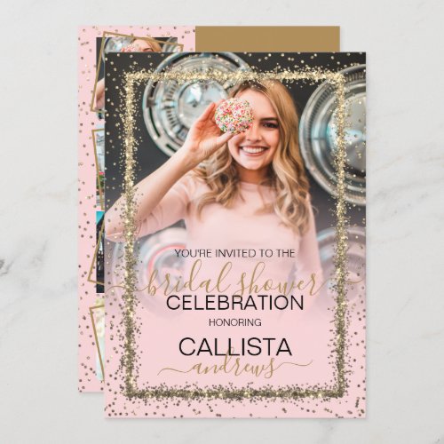 Glam Pink Gold Confetti Border Photo Bridal Shower Invitation