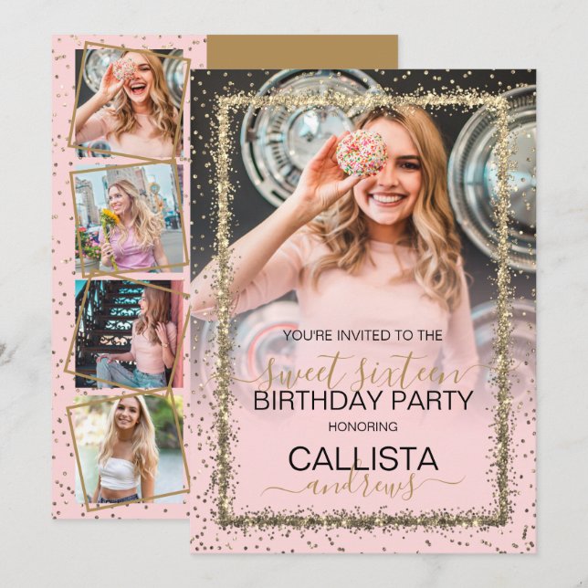 Glam Pink Gold Confetti Border Photo Sweet 16 Invitation (Front/Back)