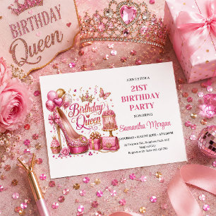 Glam Pink Gold Glitter Birthday Queen Celebration Invitation