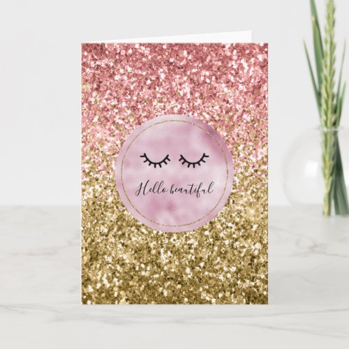 Glam Pink Gold Glitter Black Eyelashes Card
