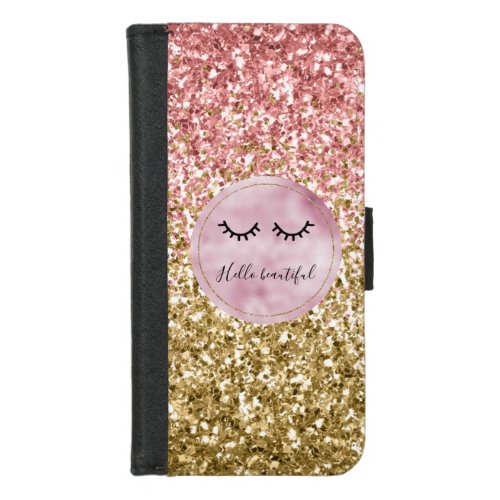 Glam Pink Gold Glitter Black Eyelashes iPhone 87 Wallet Case