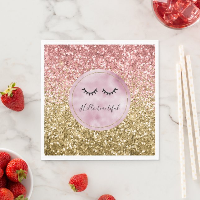 Glam Pink Gold Glitter Black Eyelashes Napkins (Insitu)