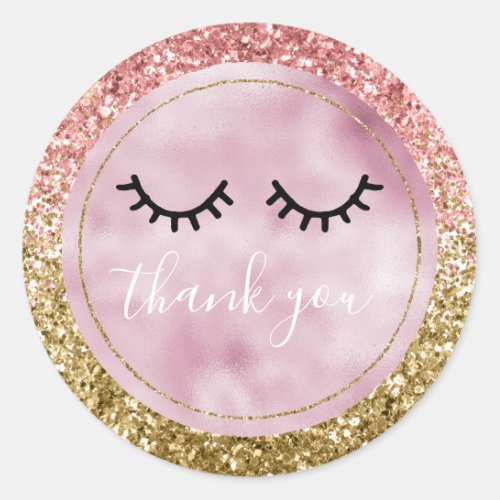 Glam Pink Gold Glitter Black Eyelashes Thank you Classic Round Sticker