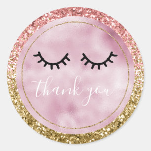 Glam Pink Gold Glitter Black Eyelashes Thank you Classic Round Sticker