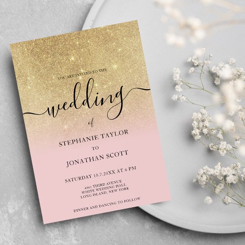 Glam pink gold glitter black script ombre wedding invitation
