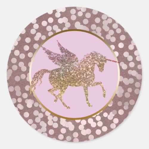 Glam Pink  Gold Glitter Flying Unicorn Favor Classic Round Sticker