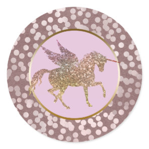 Glam Pink & Gold Glitter Flying Unicorn Favor Classic Round Sticker