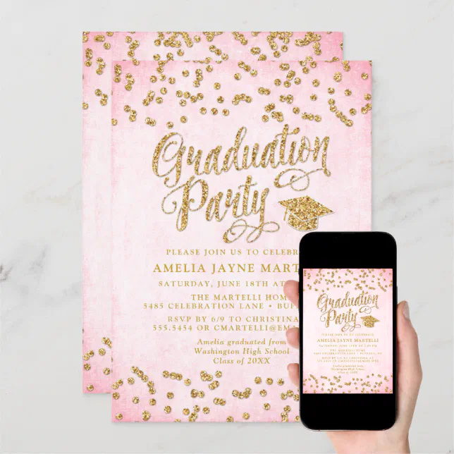 Glam Pink And Gold Glitter Graduation Party Invitation Zazzle 9631