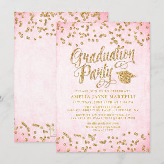 Glam Pink & Gold Glitter Graduation Party Invitation