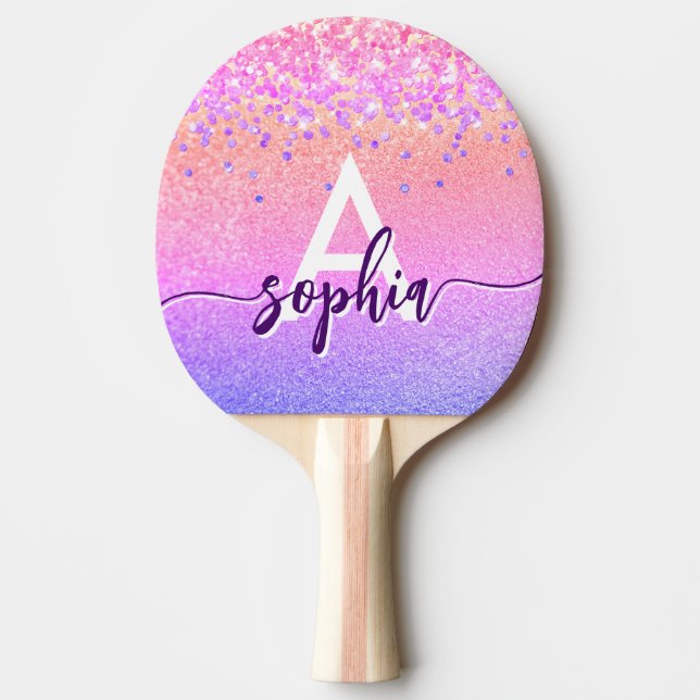 Glam Pink Gold Glitter Monogram Script Colorful  Ping Pong Paddle (Front)