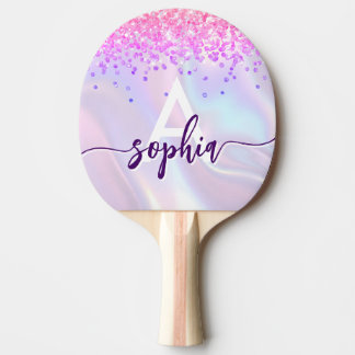 Glam Pink Gold Glitter Monogram Script Purple Ping Pong Paddle