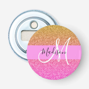 Glam Pink & Gold Glitter Sparkle Gradient Monogram Bottle Opener
