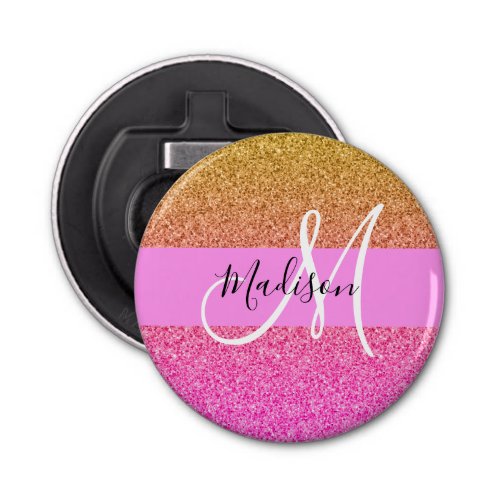 Glam Pink  Gold Glitter Sparkle Gradient Monogram Bottle Opener